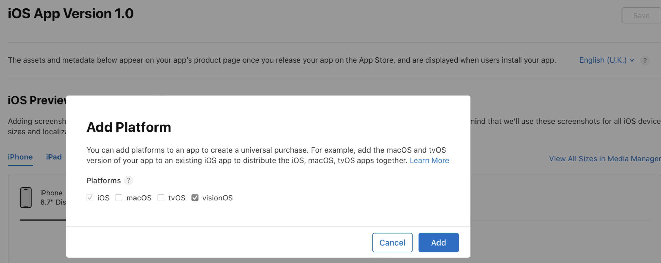 앱을 위해 선택할 수 있는 iOS, macOS, tvOS 그리고 visionOS 플랫폼이 나열된 앱 세부 사항 페이지에 “플랫폼 추가” 대화창이 표시된 모습을 보여주는 이미지입니다. 대화창 하단에 “취소”와 “추가” 버튼이 있습니다.